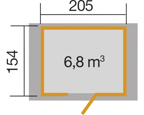 Grundriss mit Maßangaben: 205 Zentimeter Breite, 154 Zentimeter Tiefe, 6,8 Kubikmeter Volumen