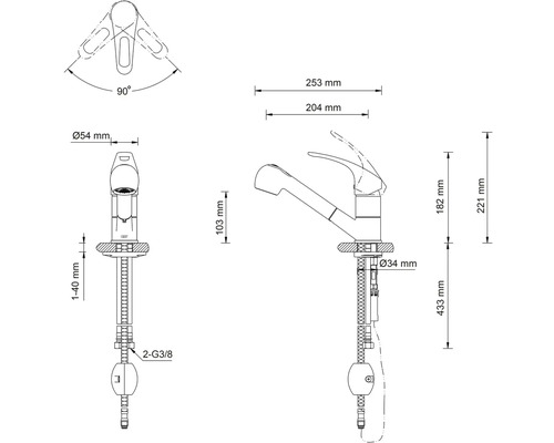 Dessin technique d''un robinet de cuisine avec douchette extractible et indications de mesure