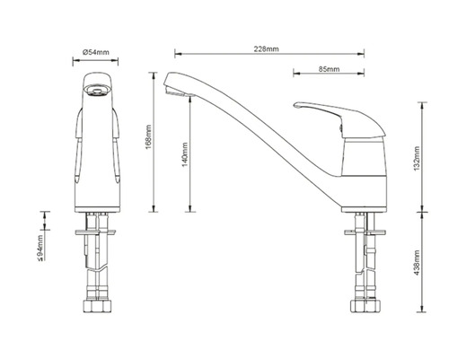 Schéma technique d''un robinet de cuisine avec dimensions