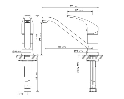 Technische Zeichnung einer Armatur mit Massangaben