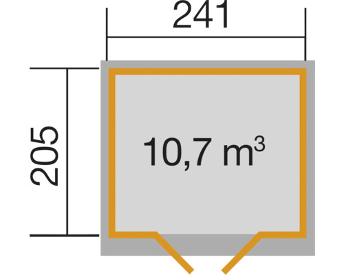 Plan avec dimensions 241 x 205 et volume de 10,7 mètres cubes