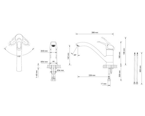 Schéma technique d''un robinet de cuisine avec indication des dimensions