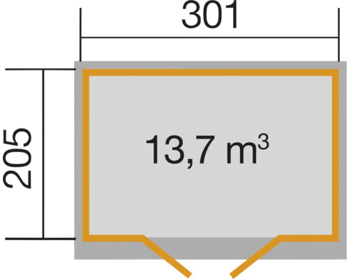 Plan avec des dimensions de 301 sur 205 et un volume de 13,7 mètres cubes