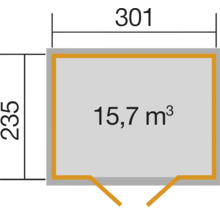 Grundriss mit den Maßen 301 mal 235 Zentimeter und einem Volumen von 15,7 Kubikmetern