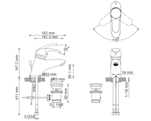 Schéma technique d''un robinet de lavabo avec indications de dimensions