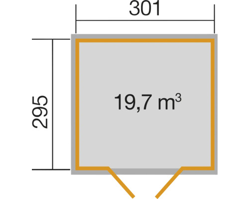 Grundriss mit den Maßen 301 x 295 und 19,7 Kubikmeter