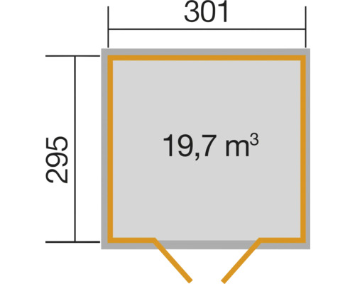 Grundriss mit den Maßen 301 x 295 Zentimeter und einem Volumen von 19,7 Kubikmetern
