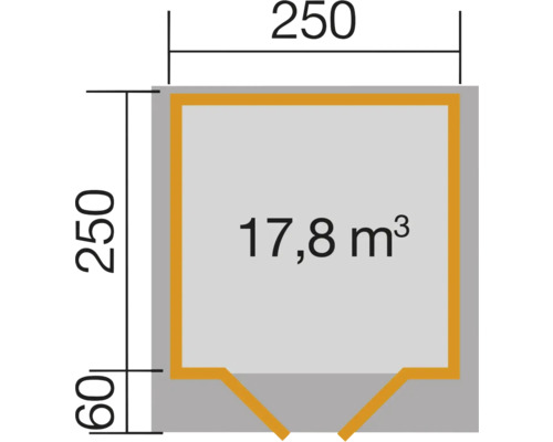 Plan avec les dimensions 250 x 250 et un volume de 17,8 mètres cubes