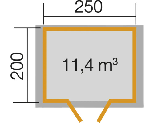Grundriss mit Massangaben: 250 mal 200, 11,4 Kubikmeter Rauminhalt