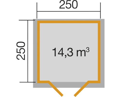 Plan d''un abri de jardin mesurant 250 sur 250 et d''un volume de 14,3 mètres cubes