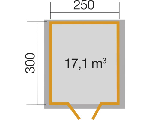 Grundriss mit den Maßen 250 x 300 und einem Volumen von 17,1 Kubikmetern