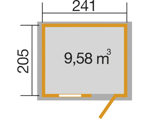 Plan avec dimensions 241 x 205 cm et volume 9,58 mètres cubes