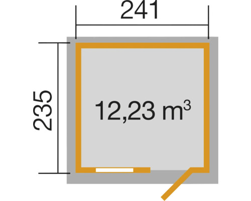 Grundriss mit Massangaben 241 x 235 Zentimeter und Angabe der Kubikmeter