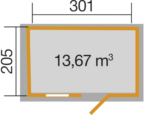 Grundrisszeichnung eines Gartenhauses mit Maßangaben und Volumenangabe