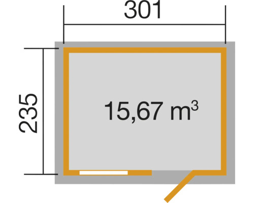 Grundriss mit den Maßen 301 mal 235 und einem Volumen von 15,67 Kubikmeter