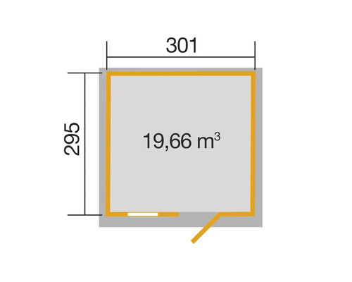 Grundriss mit den Maßen 301 mal 295 Zentimeter und einem Volumen von 19,66 Kubikmeter