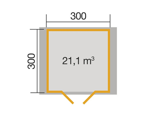 Plan avec des dimensions de 300 sur 300 et un volume de 21,1 mètres cubes