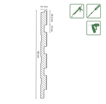 Technische Zeichnung einer Sockelleiste mit den Maßen 180 Millimeter Länge, 10 Millimeter Dicke und 29,3 Millimeter Breite