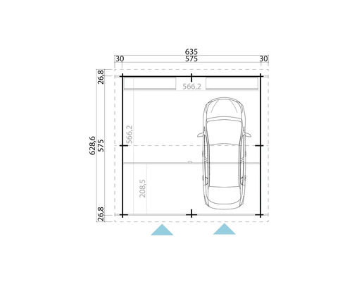 Plan d''une garage avec dimensions et une voiture à l''intérieur