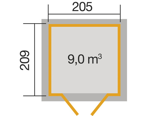 Grundriss mit den Massen 205 x 209 cm und 9,0 Kubikmeter Rauminhalt