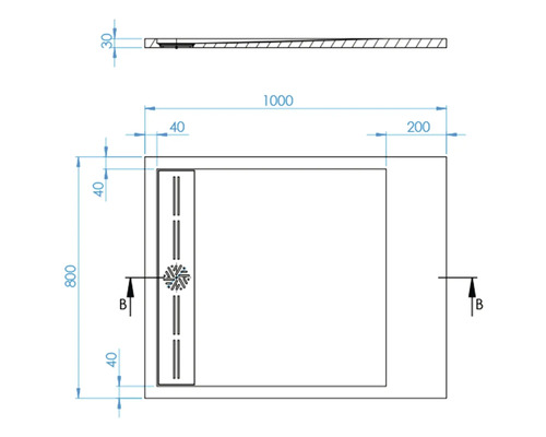 Technische Zeichnung einer Duschwanne mit Abmessungen