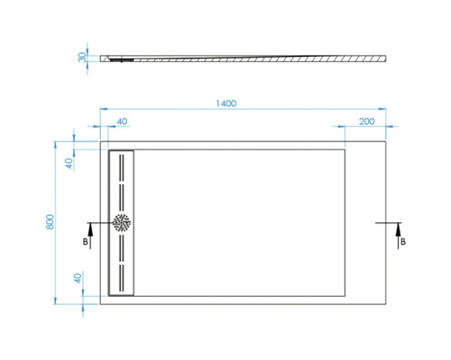 Technische Zeichnung einer Duschwanne mit Maßangaben
