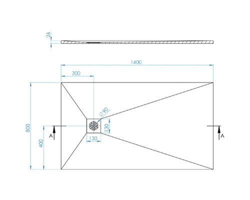 Technische Zeichnung einer Duschwanne mit Maßangaben.