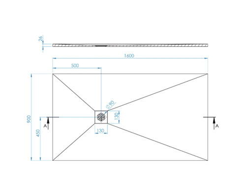 Technische Zeichnung einer Duschwanne mit Maßangaben