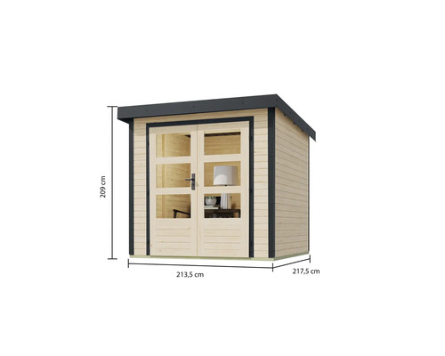 Abri de jardin en bois avec porte double et indications de taille