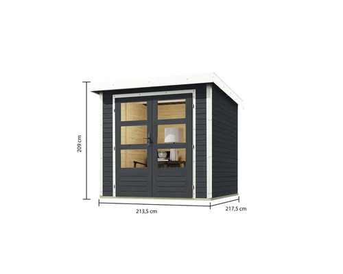 Abri de jardin en bois avec double porte et indications de taille