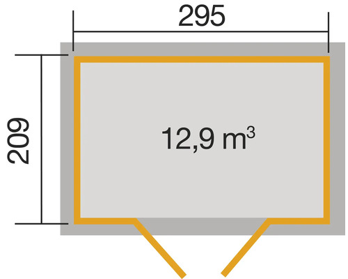 Grundriss mit den Maßen 295 x 209 und einem Volumen von 12,9 Kubikmeter