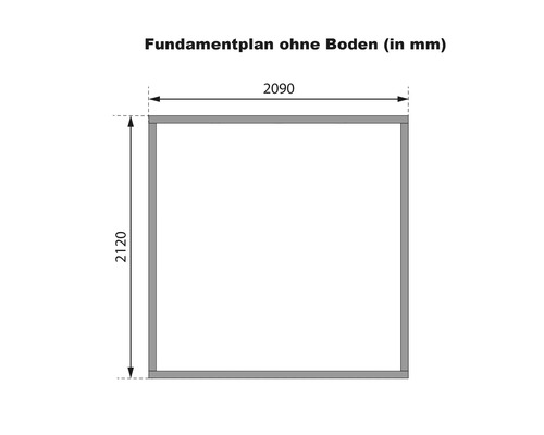 Fundamentplan ohne Boden mit Maßangaben 2090 mm und 2120 mm