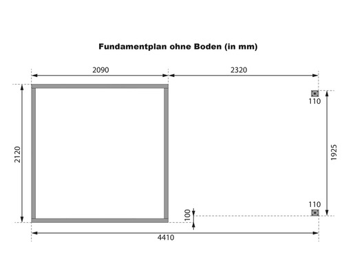 Fundamentplan ohne Boden mit Maßangaben in Millimeter