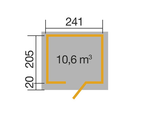 Grundriss mit den Maßen 241 mal 205 und einem Volumen von 10,6 Kubikmeter