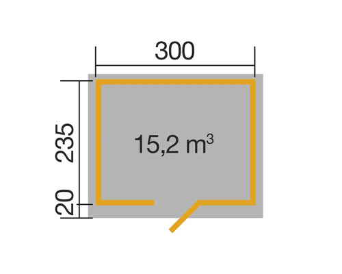Grundriss mit den Maßen 300 mal 235 Zentimeter und einer Fläche von 15,2 Kubikmeter