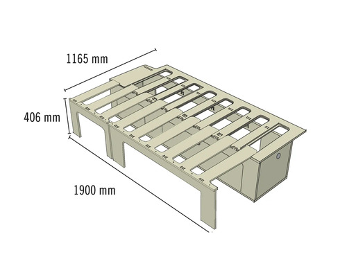 Cadre de lit avec des dimensions de 1900 mm de longueur, 1165 mm de largeur et 406 mm de hauteur.