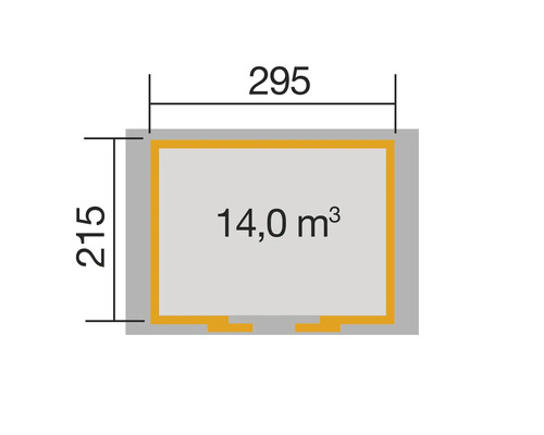 Grundriss mit den Maßen 295 mal 215 und einem Volumen von 14 Kubikmetern