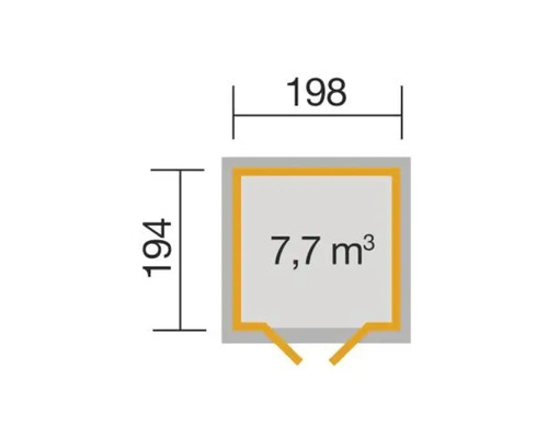 Grundriss mit den Maßen 194 mal 198 Zentimeter und einem Volumen von 7,7 Kubikmetern