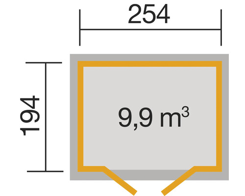 Grundrisszeichnung mit Abmessungen 254 x 194 und Volumen 9,9 Kubikmeter