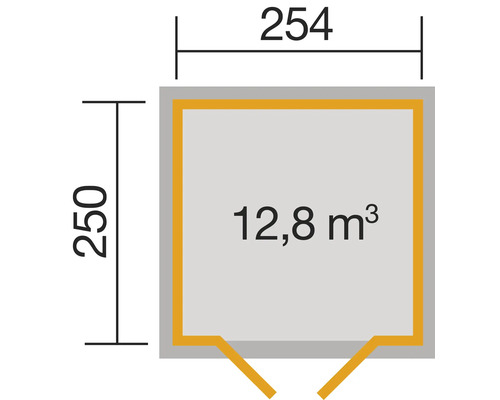 Plan avec dimensions 254 x 250 cm et volume 12,8 mètres cubes