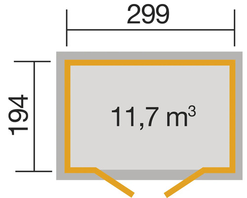 Dessin technique avec dimensions : 299 x 194 et 11,7 mètres cubes