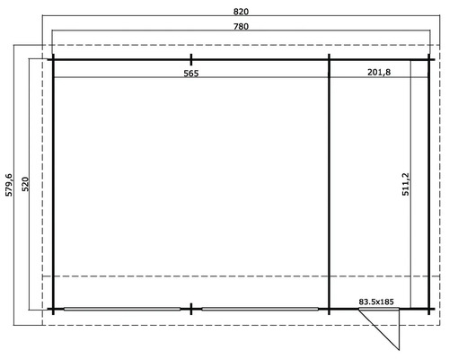 Grundrisszeichnung mit Maßangaben für ein Gartenhaus