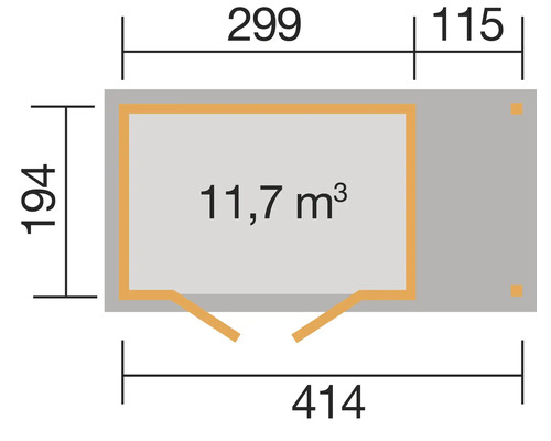 Plan avec dimensions et indication de volume 11,7 mètres cubes