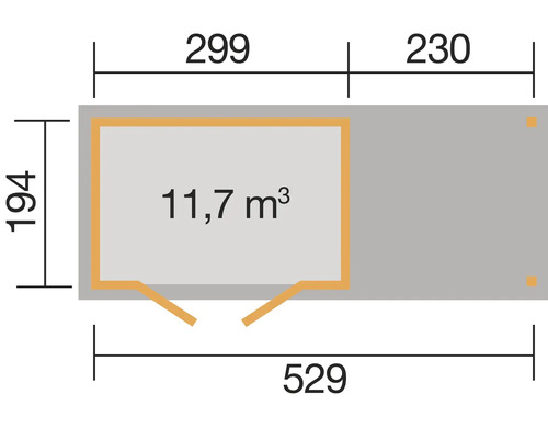 Plan d''un abri de jardin avec des dimensions de 529 x 194 x 299 x 230 et un volume de 11,7 mètres cubes