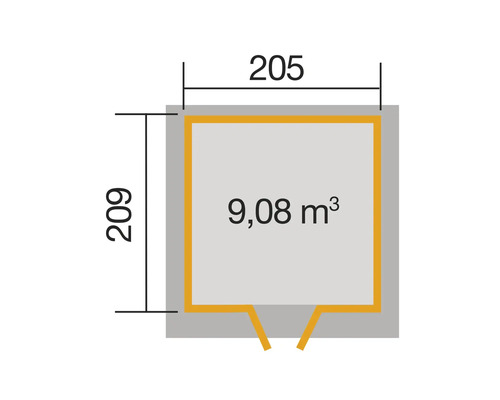 Plan avec les dimensions 205 sur 209 et un volume de 9,08 mètres cubes