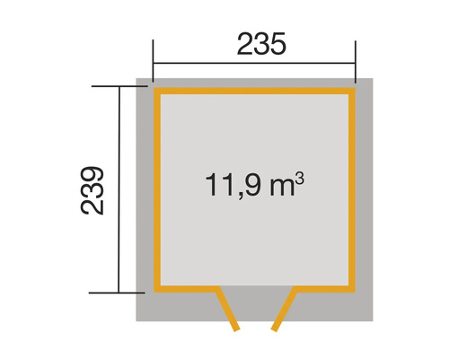 Plan avec des dimensions de 235 sur 239 centimètres et un volume de 11,9 mètres cubes
