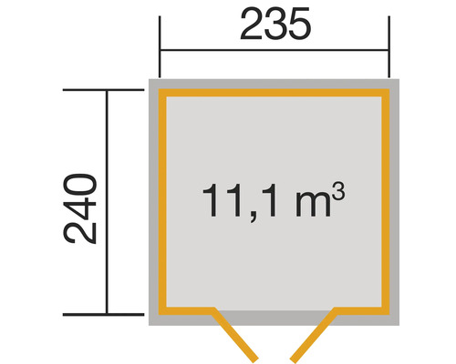 Illustration mit Maßangaben: 235 x 240 und 11,1 Kubikmeter