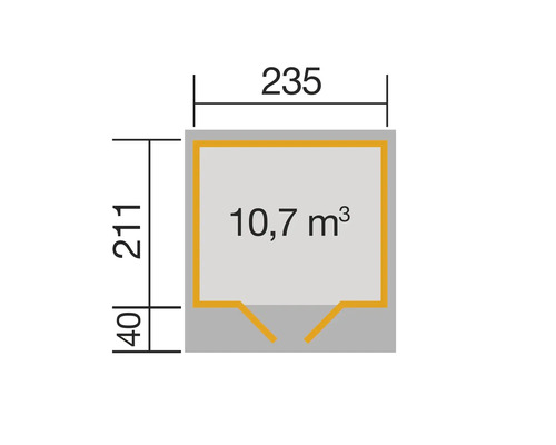 Plan avec les dimensions 235, 211 et 40, et une surface de 10,7 mètres cubes