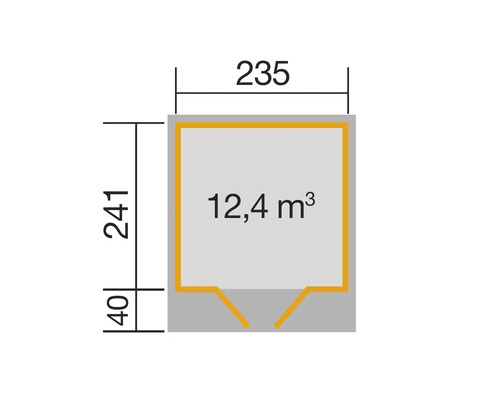 Plan avec dimensions de 235 sur 241 centimètres et une surface de 12,4 mètres cubes.