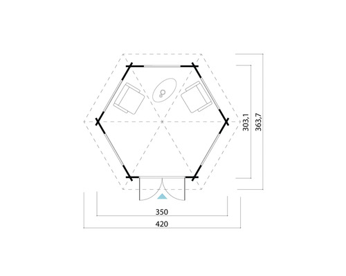 Plan d''un abri de jardin avec porte, deux chaises et une table
